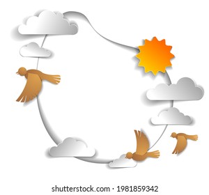 Birds flock flying among beautiful clouds and sun in the sky, background or frame with copy space for text, summer ease and peaceful feeling, vector illustration in paper cut kids style.