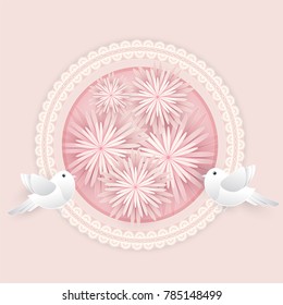 Birds and floral in round frame on pink paper art background, paper cut style