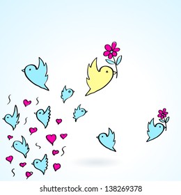 birds and flower heart love fly group element color object sketch background