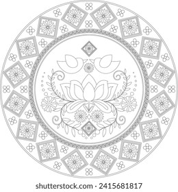 Birds and flower mandala.Linear Folk art,embroidery template,coloring page. Ornamental round doodle illustration, Black outline floral mandala.