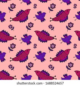 Birds and flower on a pink background in folk style. Seamless pattern