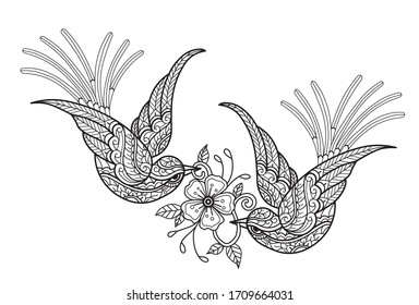 Birds with flower.
Zentangle stylized cartoon isolated on white background. 
Hand drawn sketch illustration for adult coloring book. 
