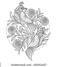 Birds and flower. Zentangle stylized cartoon isolated on white background. Hand drawn sketch illustration for adult coloring book, T-shirt emblem, logo or tattoo, zentangle design elements.