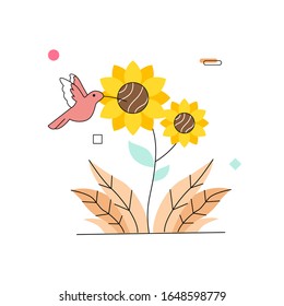 birds flowering sunflowers in spring flat vector design illustration.