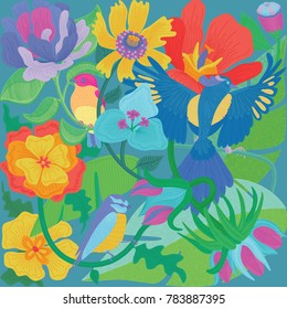 birds at the flowers