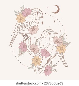 Birds with flowers and abstract background, vector art