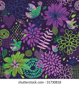 Birds in flowers - abstract seamless pattern in vector