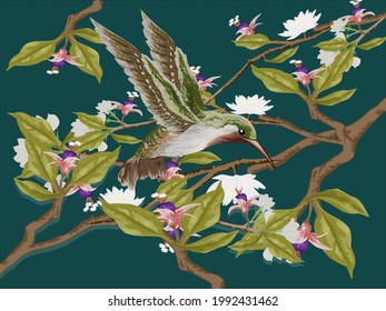 Birds and flowers background with handwriting vector illustration