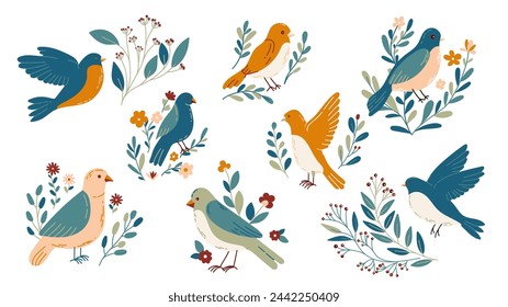 Birds and flowers with different ornaments. Bird in simple cartoon style. Flat vector illustration