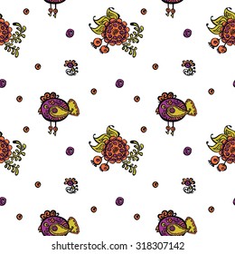 Birds and flowers. Doodle. Vector seamless illustration. Hand drawn