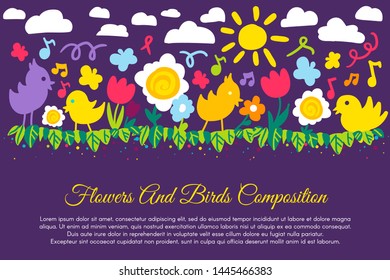 Birds and flowers flat banner with copyspace. Springtime poster, chicken and bloom composition