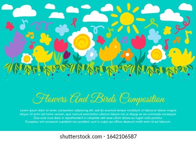 Birds and flowers flat banner with copyspace. Springtime poster, chicken and bloom composition