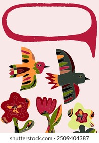 Birds and flowers. Folk art postcard background colored fairy tale in linocut style stylized elements