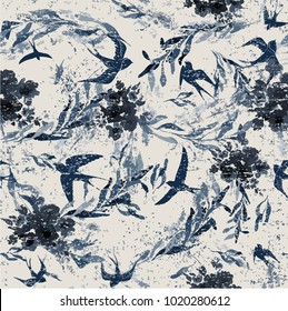 Birds and flowers in grunge texture. Print pattern.