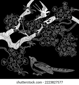Birds and flowers hand drawn in vintage style . Ideal for those who want to feel more connected to nature. Coloring book antistress for children and adults.
