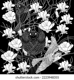 Birds and flowers hand drawn in vintage style . Ideal for those who want to feel more connected to nature. Coloring book antistress for children and adults.
