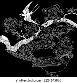 Birds and flowers hand drawn in vintage style . Ideal for those who want to feel more connected to nature. Coloring book antistress for children and adults.
