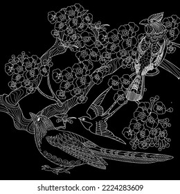 Birds and flowers hand drawn in vintage style . Ideal for those who want to feel more connected to nature. Coloring book antistress for children and adults.
