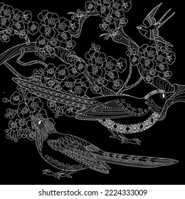 Birds and flowers hand drawn in vintage style . Ideal for those who want to feel more connected to nature. Coloring book antistress for children and adults.
