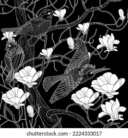 Birds and flowers hand drawn in vintage style . Ideal for those who want to feel more connected to nature. Coloring book antistress for children and adults.
