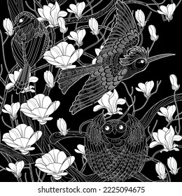 Birds and flowers hand drawn in vintage style . Ideal for those who want to feel more connected to nature. Coloring book antistress for children and adults.
