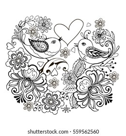 Birds with flowers and hearts for anti Stresa Coloring.