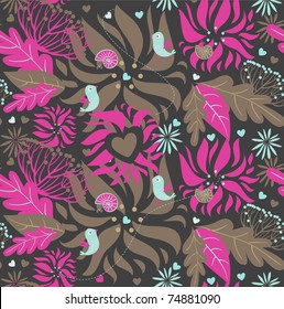 birds flowers and hearts seamless pattern