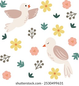 Birds, Flowers and Leaves Seamless Pattern Illustration. Cute vector design element for wallpaper baby, kid or nursery room, wrapping gift paper, clothes and other purpose.