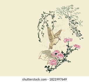 birds flowers nature landscape view vector sketch illustration japanese chinese oriental line art ink card