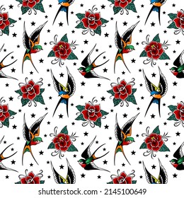 Birds and flowers old school pattern
