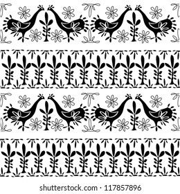 Birds and Flowers on Carpet Pattern, Black and White Vector Illustration