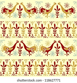 Birds and Flowers on Carpet Pattern, Vector Illustration