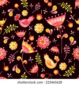 Birds and flowers on a watercolor background. Hand drawn vector illustration. Seamless pattern can be used for wallpaper, pattern fills, web page background, surface textures 