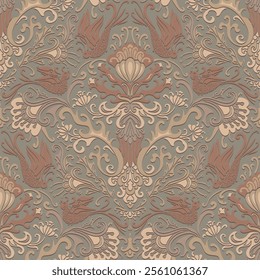 Birds and flowers, paisley floral pattern, Pantone colors. Seamless floral pattern-537.