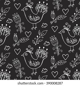 Birds and flowers pattern. Doodles for wallpaper. Childish style.