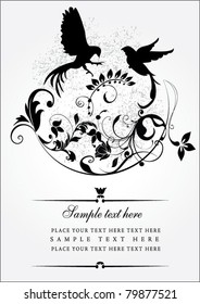 Birds and flowers. Postcard. Text.