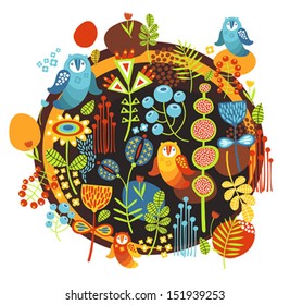 Birds and flowers print. Vector illustration.