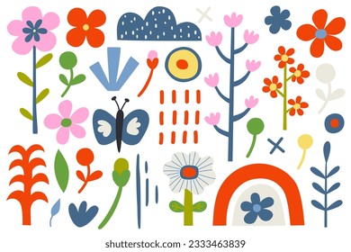 Vögel, Blumen und Regenbogenelemente, Insekten, Pflanzenelemente. Set von Naturvektorgrafik einzeln auf weißem Hintergrund.