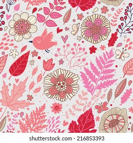 Birds in flowers. Romantic seamless pattern in vector