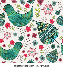 Birds and flowers. Romantic seamless pattern background in vector.