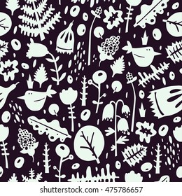 Birds in flowers. Romantic seamless pattern in vector