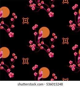 Birds and flowers sakura seamless pattern in Chinese and Japanese style.  