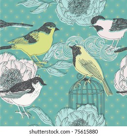 birds and flowers. seamless pattern