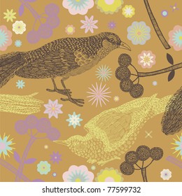 birds and flowers seamless pattern