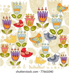 birds and flowers seamless pattern