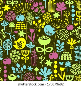 Birds and flowers seamless pattern. Colorful vector texture. 