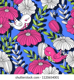 Birds and flowers. Seamless pattern on a blue background. Prints for wallpaper, wrapper, fabric, paper.
