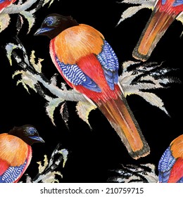 Birds and flowers seamless pattern on black background vector illustration