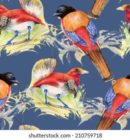 Birds and flowers seamless pattern on blue background vector illustration