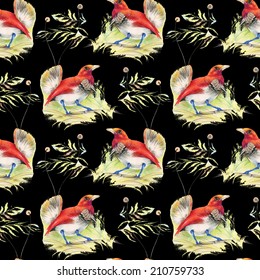 Birds and flowers seamless pattern on black background vector illustration